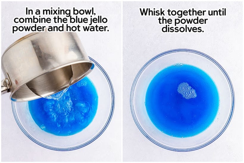 Two photo collage of adding water to the blue jello and the dissolved jello in a clear bowl.