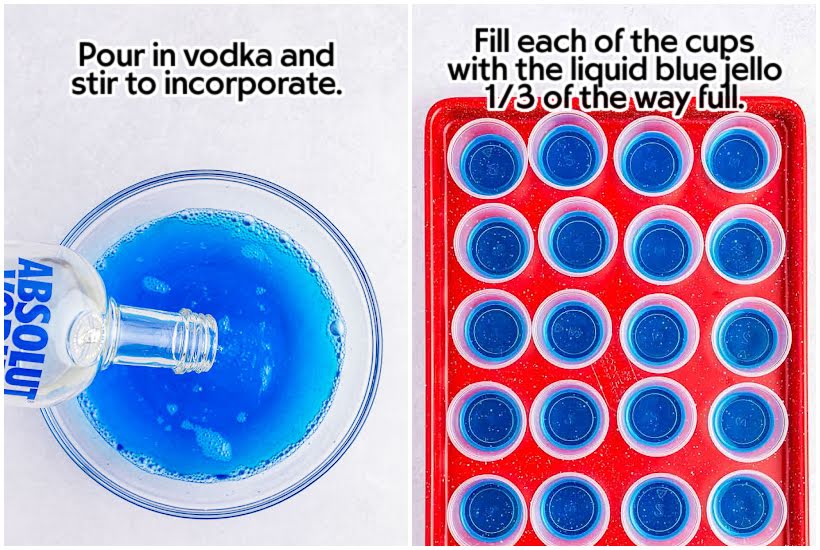 Two photo collage of adding vodka to the blue gelatin and a tray of filled cups.