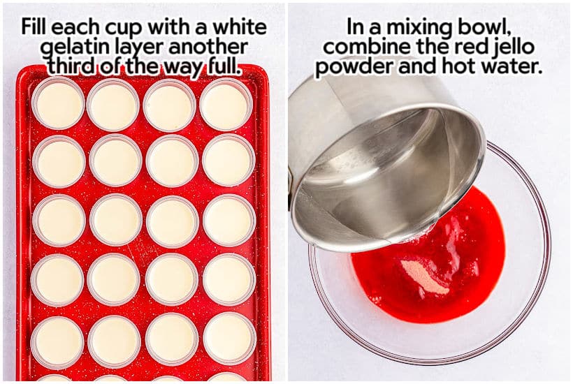 Two photo collage of cups filled with white layer and adding water to the red gelatin.