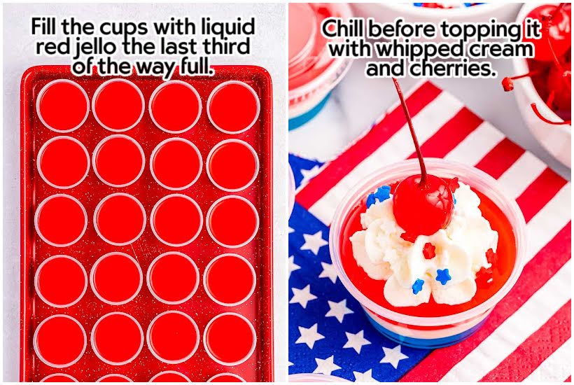 Two photo collage of a tray of red jello cups and a layered shot with whipped cream, sprinkles and cherry garnish.