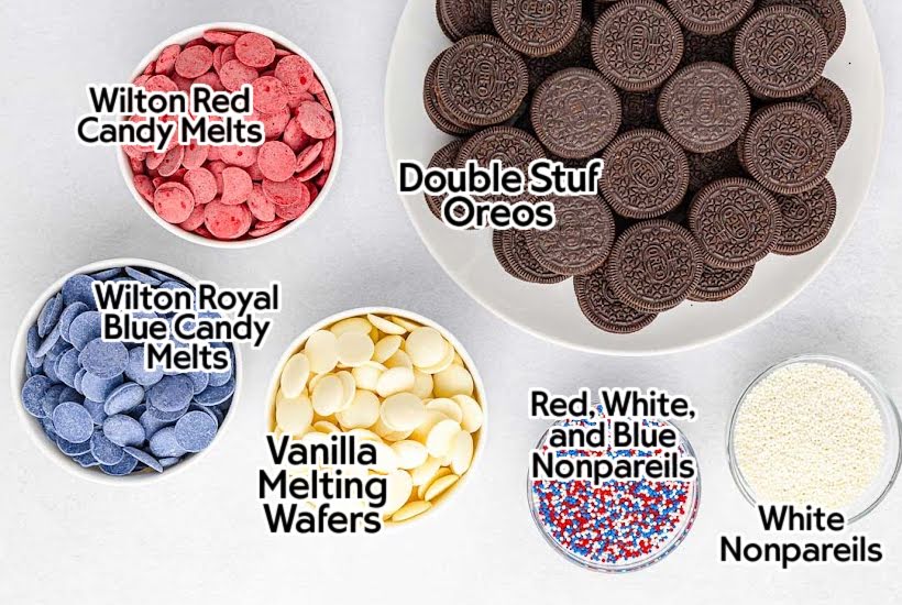 Ingredients to make patriotic themed chocolate dipped Oreo cookies with text labels.