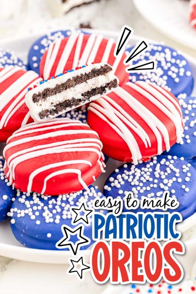 A plate of 4th of July chocolate covered Oreo cookies with sprinkles with text overlay.