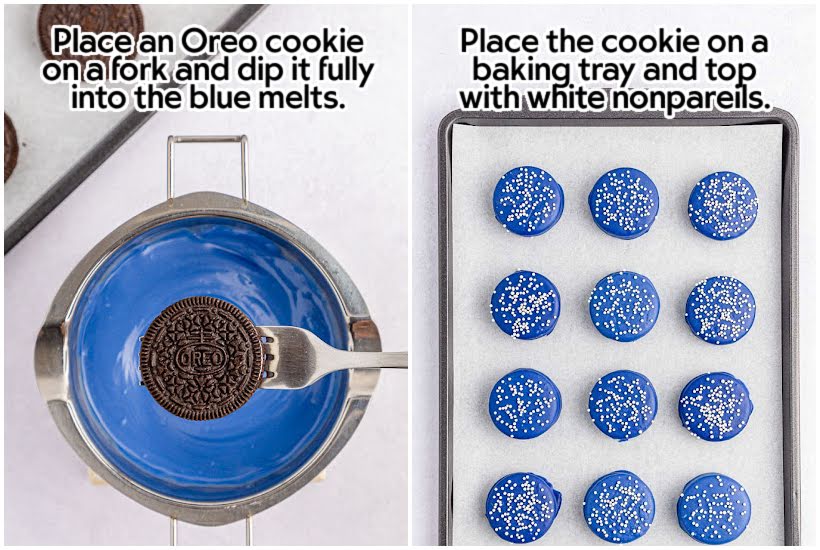 Two photo collage of dipping an Oreo in melted blue wafers and a tray of chocolate covered cookies with sprinkles.