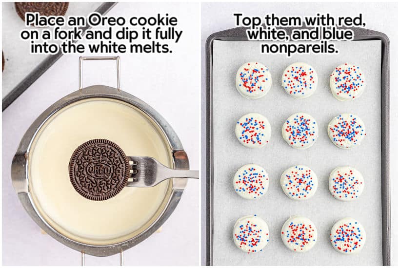 Two photo collage of dipping an Oreo in melted white chocolate and dipped cookies with sprinkles on a baking sheet.