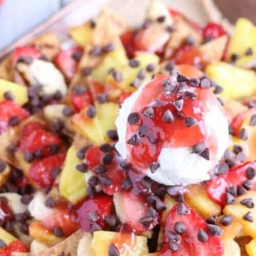 Nachos made of banana split ingredients.