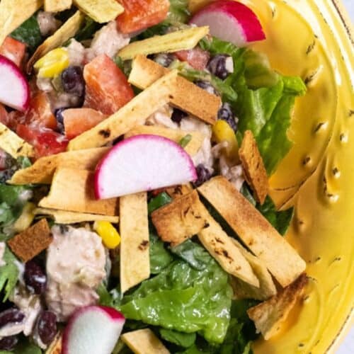 A salad of lettuce, radish and chicken taco meat.