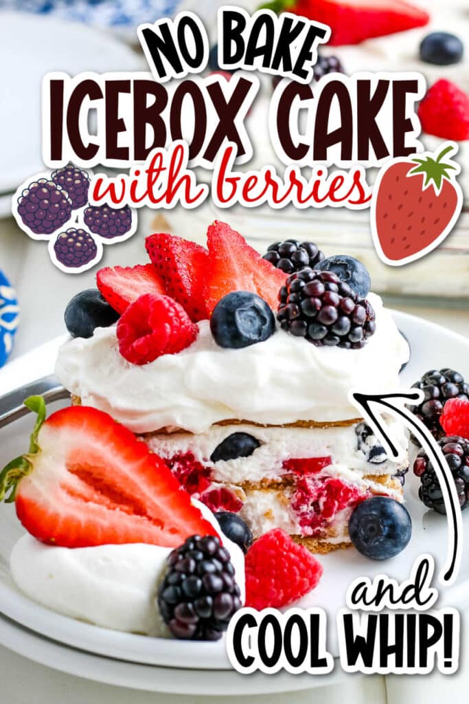 A slice of red, white and blue icebox cake on a white plate with text overlay.