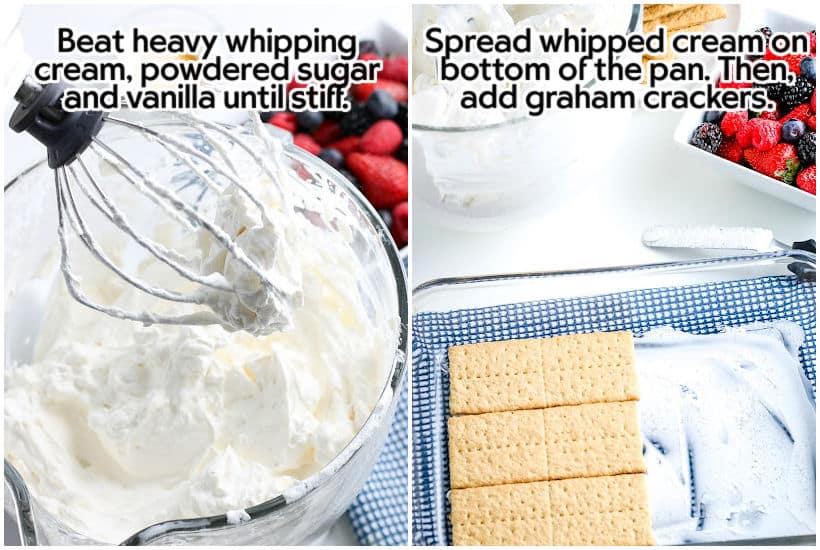 Two photo collage of mixing the cream, sugar and vanilla and layering graham crackers in the pan.