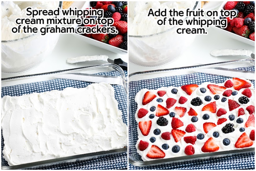 Two photo collage of adding whipped cream to the pan and adding the fresh berry layer.