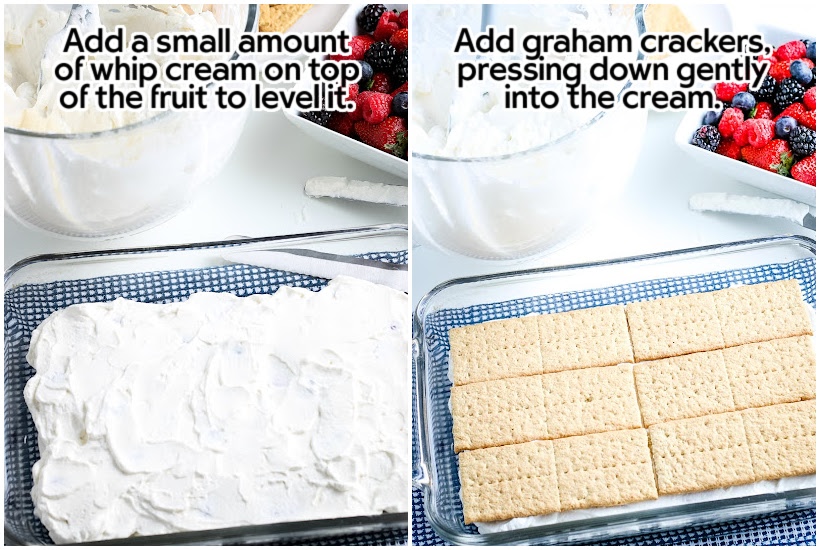 Two photo collage of adding a whipped cream layer and adding a graham cracker layer.