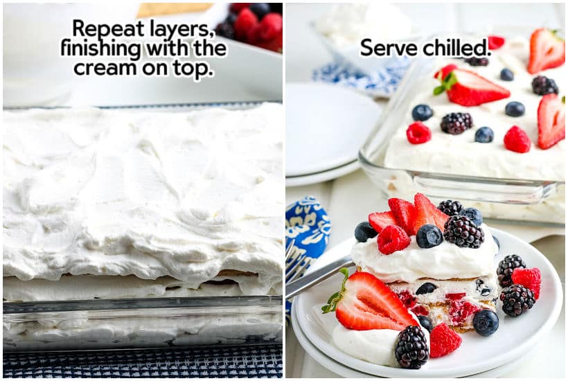 Two photo collage of top layer of assembled layer cake and a slice of cake on a white plate with the pan in the background.