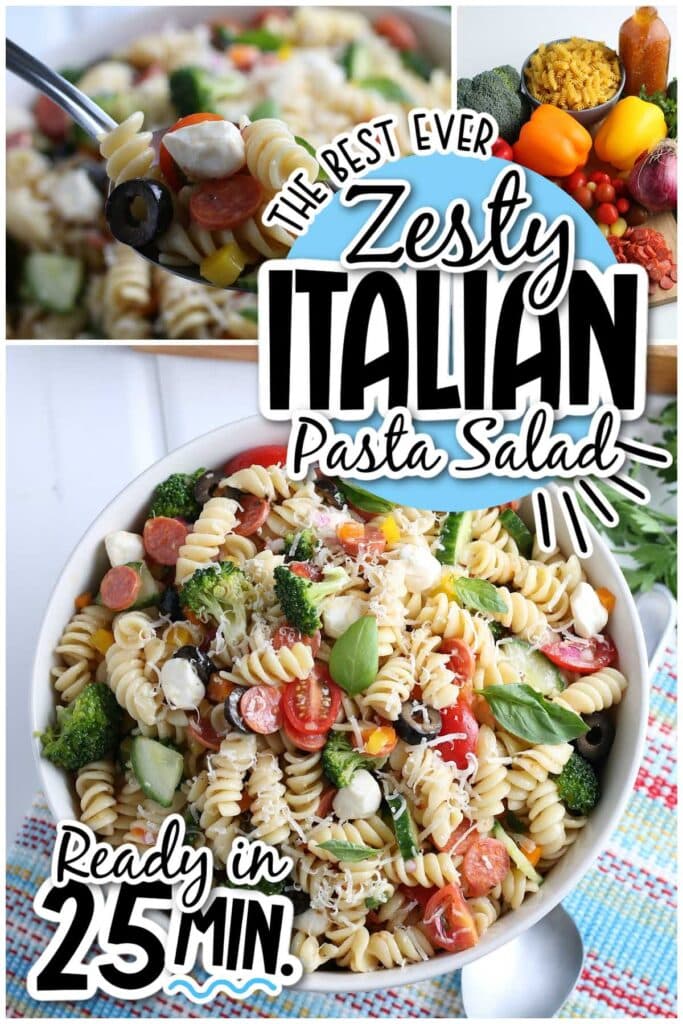 Three photo collage of Italian pasta salad in a white bowl, ingredients to make the salad and closeup of a spoonful of noodle salad with text overlay.