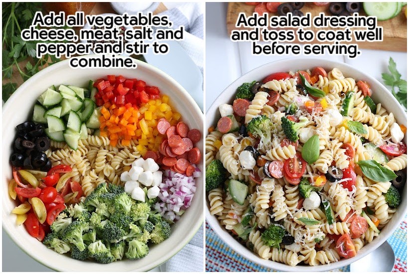 Two photo collage of pasta, chopped vegetables, meat and cheese in a bowl and salad tossed to combine ingredients.