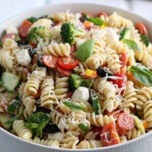 Closeup view of Italian pasta salad in a bowl.