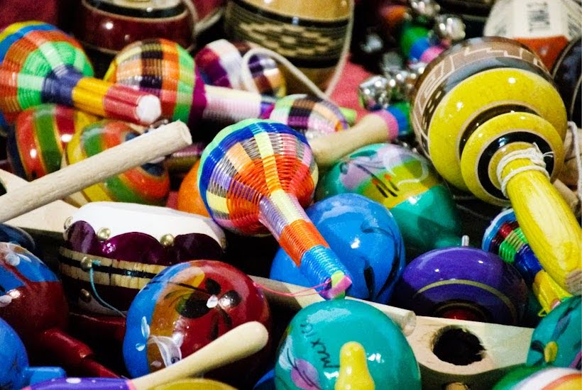 Colorful Mexican maracas and musical instruments.