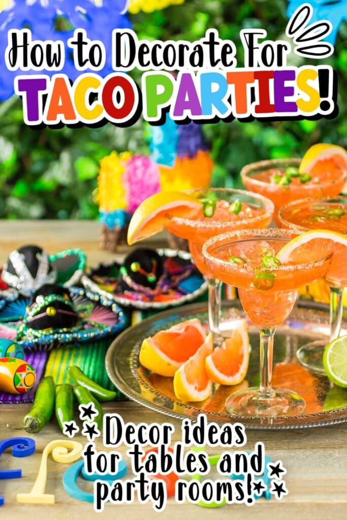 Tray of margaritas surrounded by party decorations with text overlay.