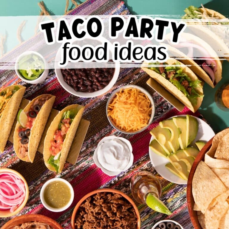 Table filled with tacos and bowls of toppings and fillings with taco party food ideas text overlay.