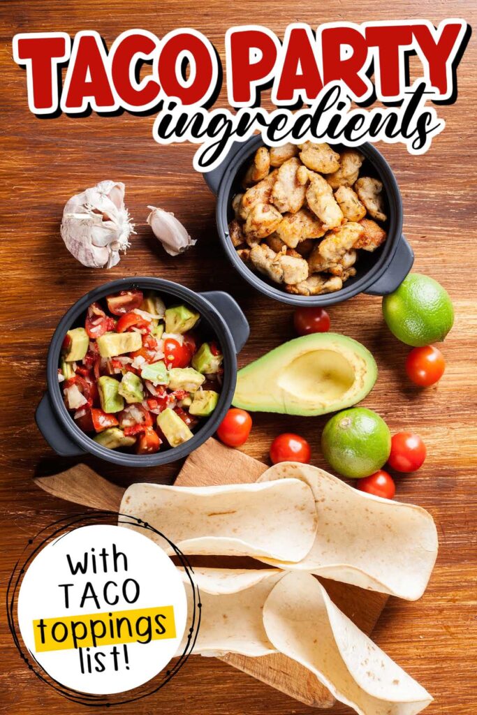 Image of tortillas, taco meats with avocado and chopped tomatoes with text overlay.