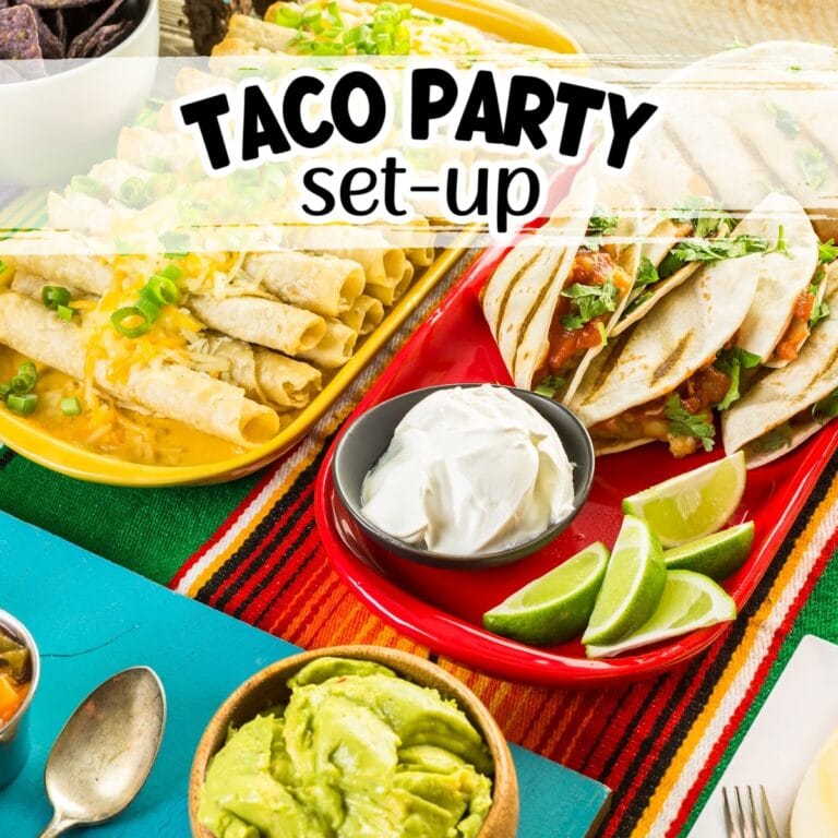 Table filled with trays of taco and taquitos with bowls of guacamole and sour cream with taco party setup text overlay.