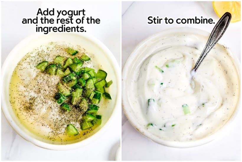 Two photo collage of tzatziki sauce ingredients in a bowl and mixed together with text overlay.