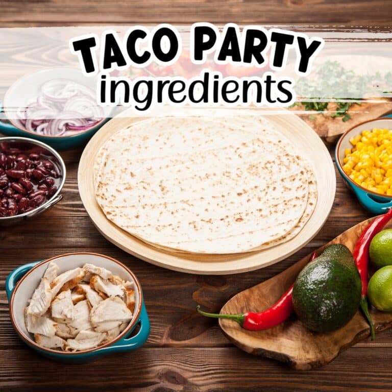 Stack of tortillas surrounded by bowls of ingredients to make tacos with text overlay.