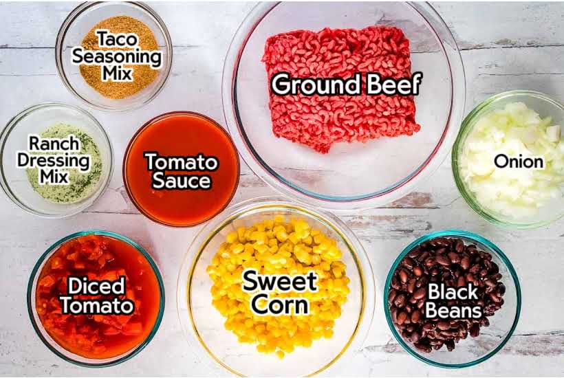 Ingredients to make basic taco soup with labels.