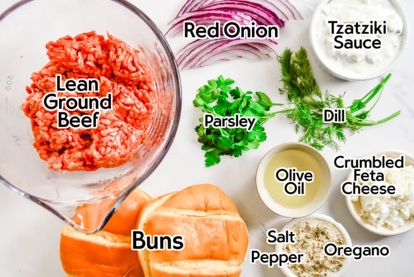 Ingredients with labels to make Mediterranean style burgers.