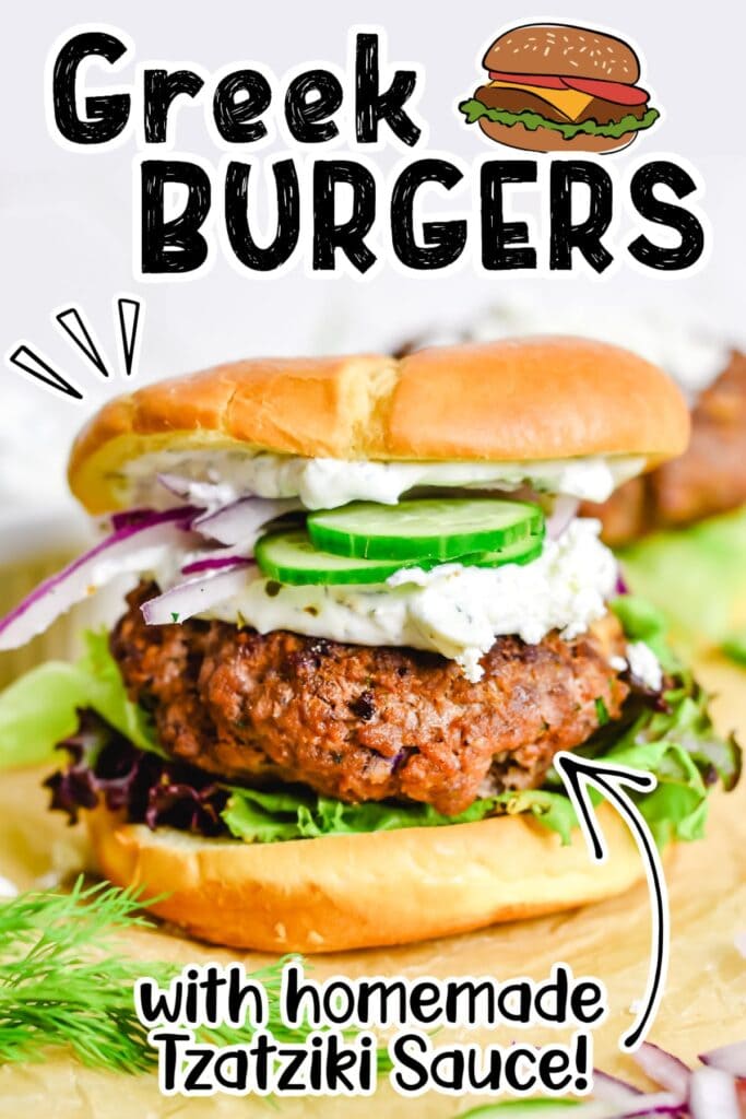 Closeup view of a Mediterranean style hamburger with lettuce, feta cheese, red onion and creamy cucumber sauce with text overlay.