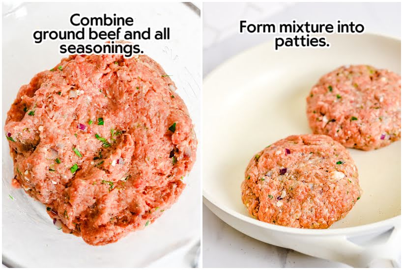 Two photo collage of mixing the hamburger meat with seasonings and forming into patties.