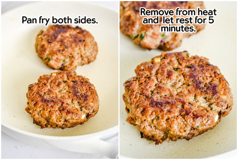 Two photo collage of cooking the patties and letting them rest before serving.