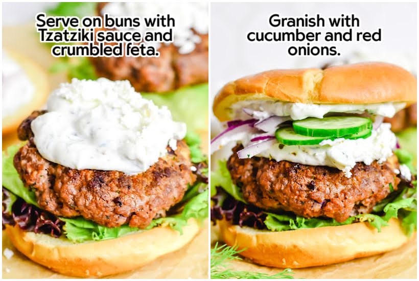 Two photo collage of adding sauce and toppings to burgers.