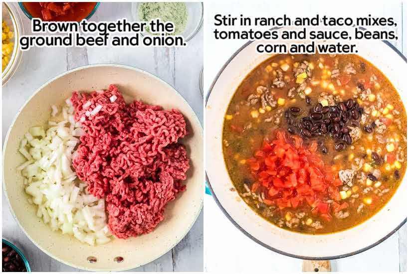 Two photo collage of browning ground beef and chopped onions and soup ingredients added to the pot.