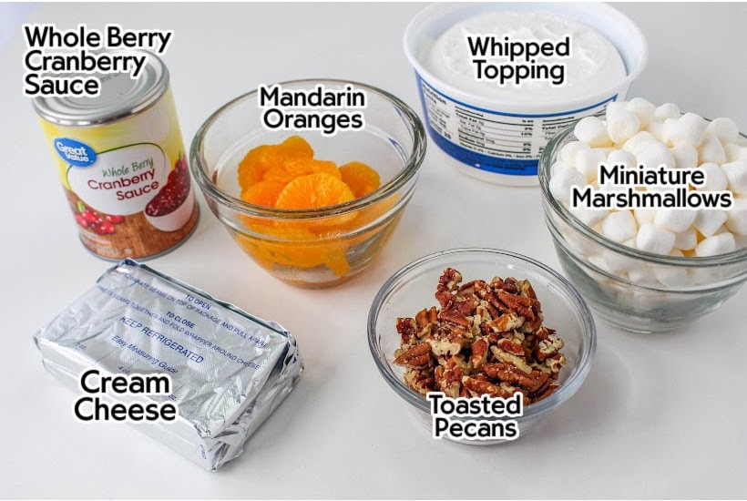 Ingredients to make cranberry fluff salad with labels.