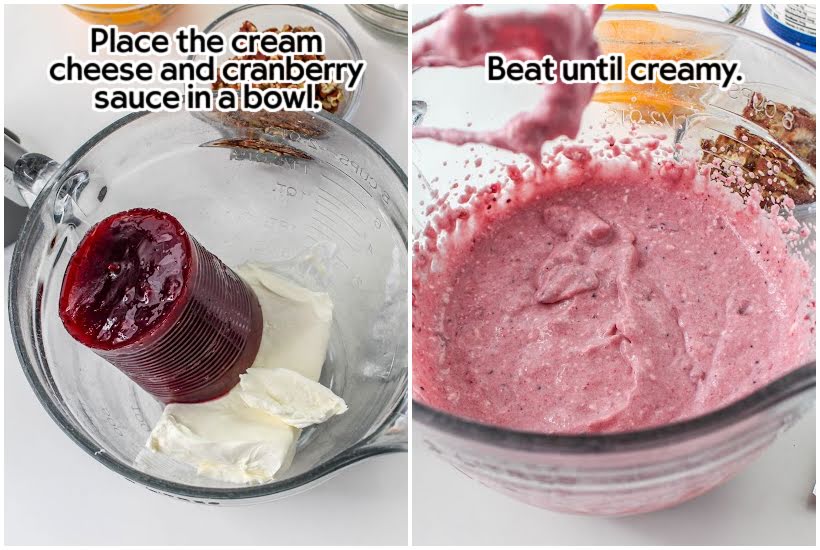 Two photo collage of cranberry sauce and cream cheese in a bowl and mixing them together.