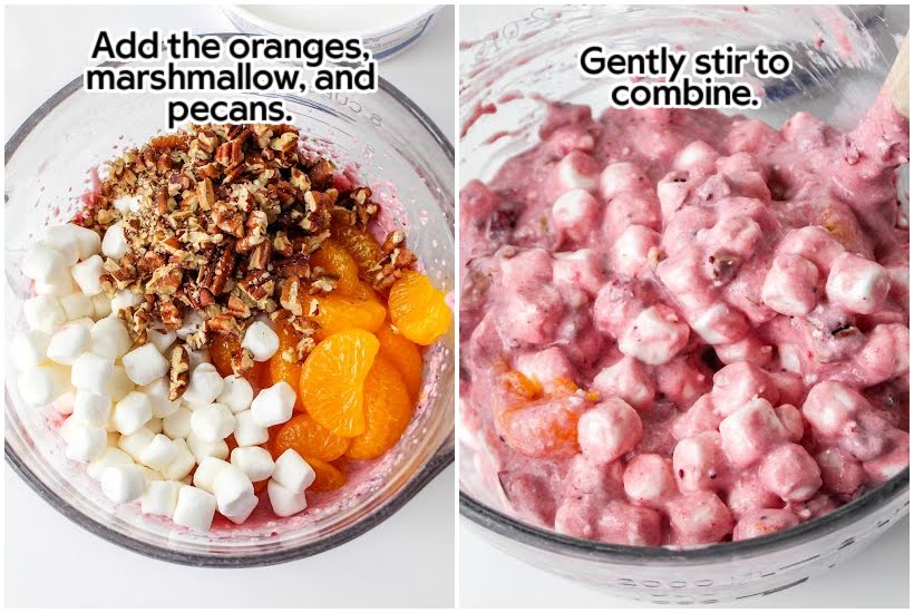 Two photo collage of adding oranges, marshmallows and pecans and stirring the salad.