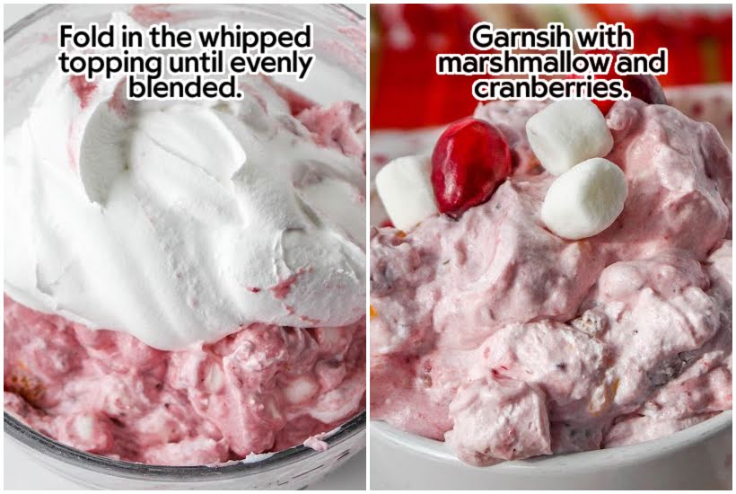 Two photo collage of folding in the whipped cream and garnishing with marshmallow and cranberries.