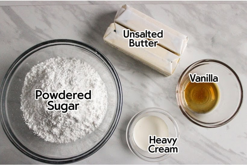 Bowls filled with ingredients to make brown butter frosting with labels.