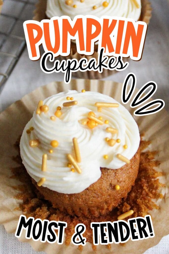 Closeup view of unwrapped pumpkin cupcake with frosting and sprinkles and text overlya.