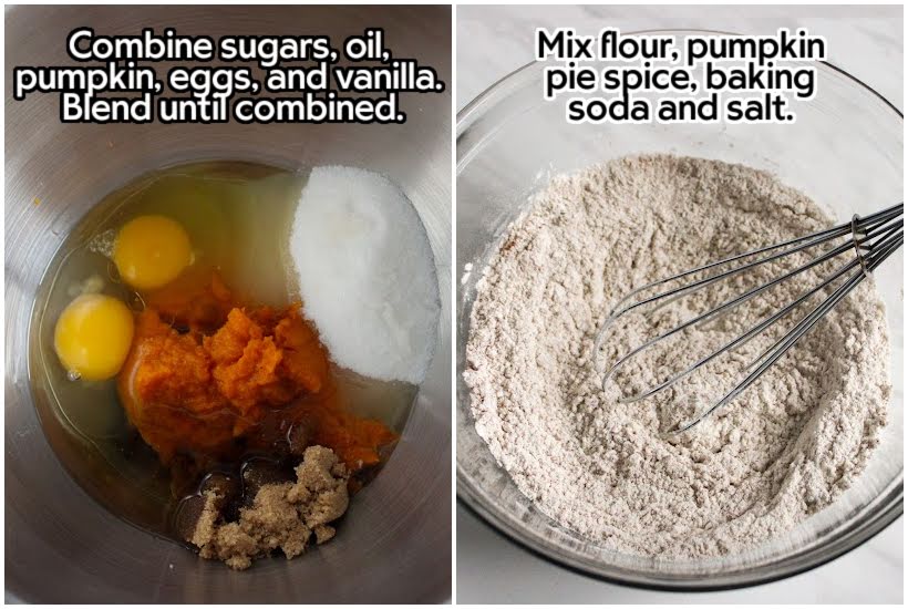 Two photo collage of eggs, pumpkin and sugars in a mixing bowl and dry ingredients in a bowl with a whisk.