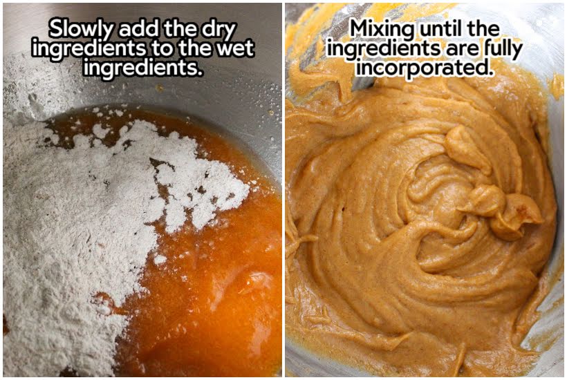 Two photo collage of adding dry ingredients to wet ingredients and mixing the batter with text overlay.