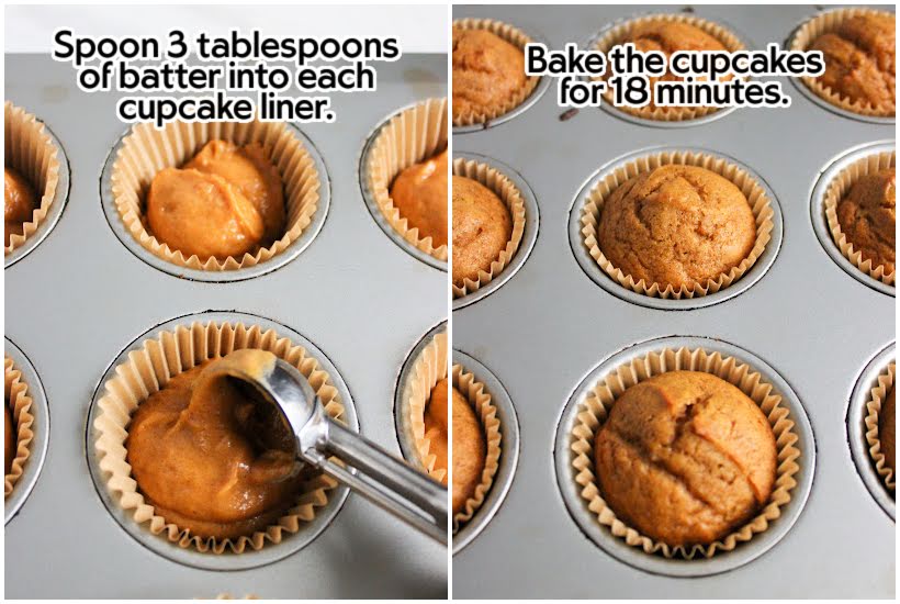 Two photo collage of adding cupcake batter to pan and after they've baked with text overlay.