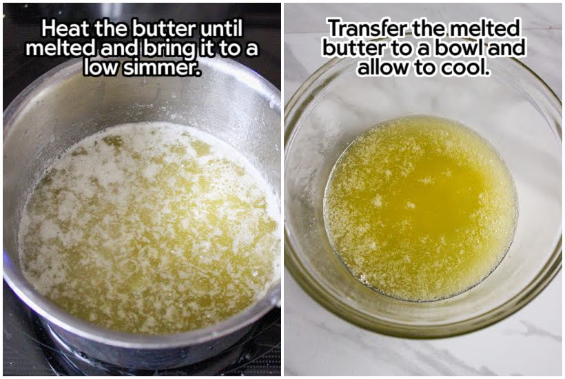 Two photo collage of melting the butter and transferring to a bowl to cool.