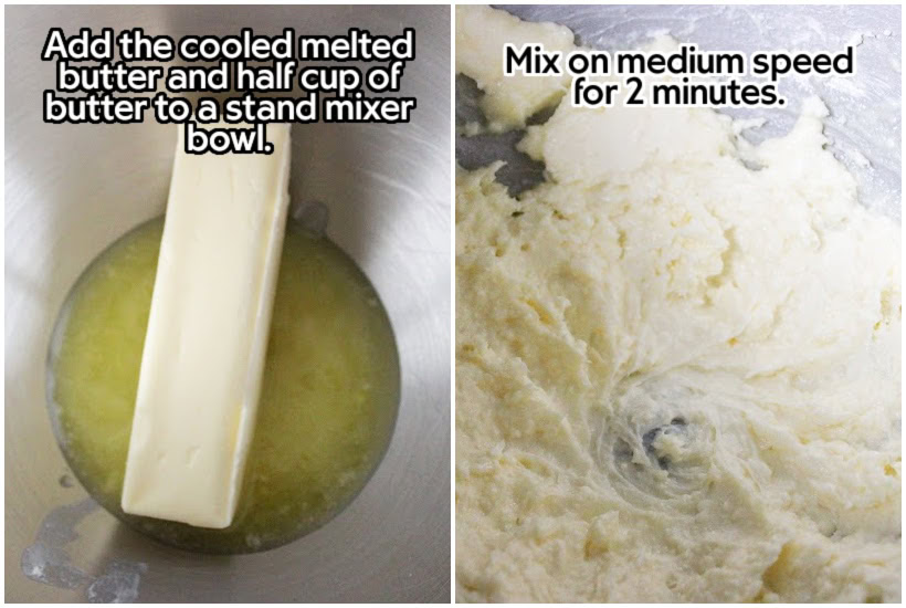 Two photo collage of adding a stick of butter to the cooled melted butter and mixing it together with text overlay.