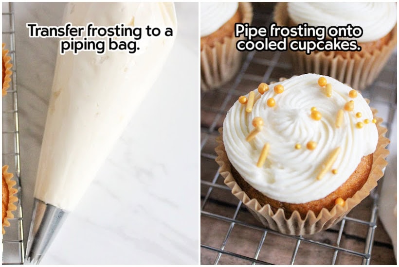 Two photo collage of putting frosting in a piping bag and decorating the cupcakes with text overlay.