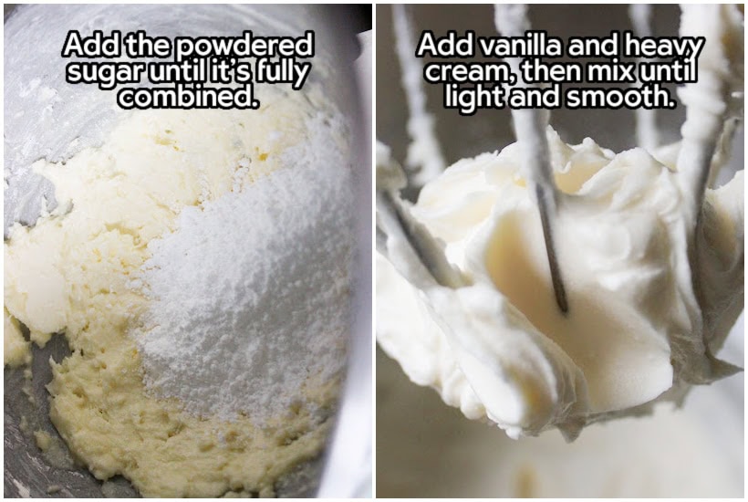 Two photo collage of adding confectioners sugar to the butter mixture and mixing it with text overlay.