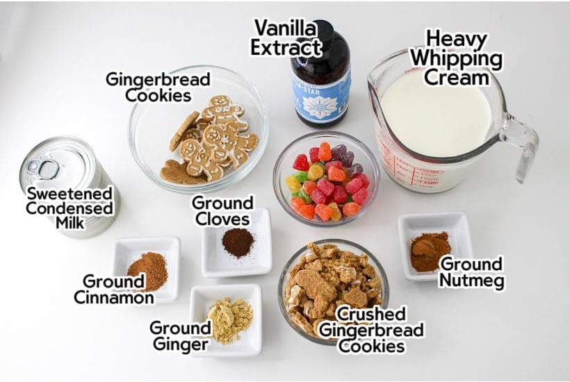 Ingredients to make gingerbread flavored no churn ice cream with labels.