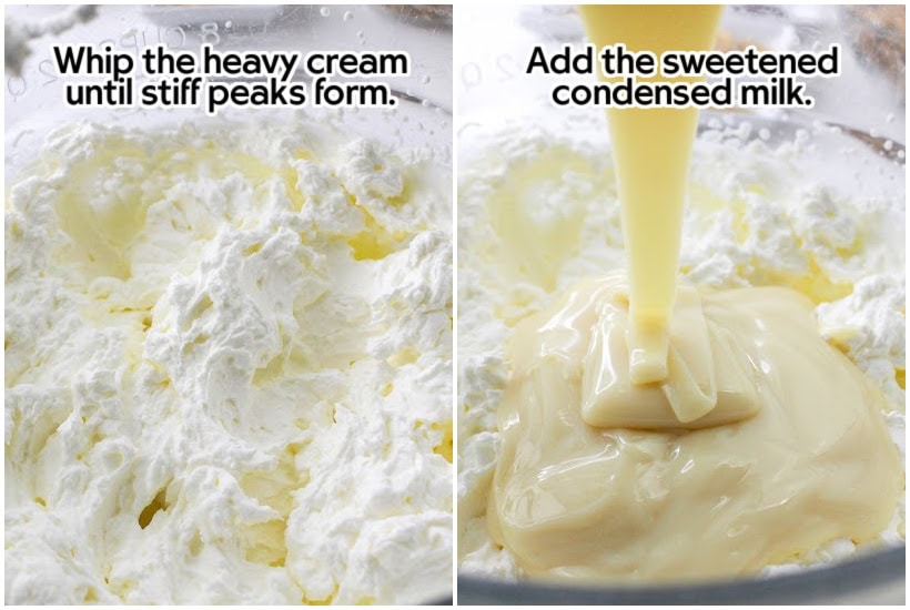 Two photo collage of whipping the cream and adding the sweetened condensed milk with text overlay.