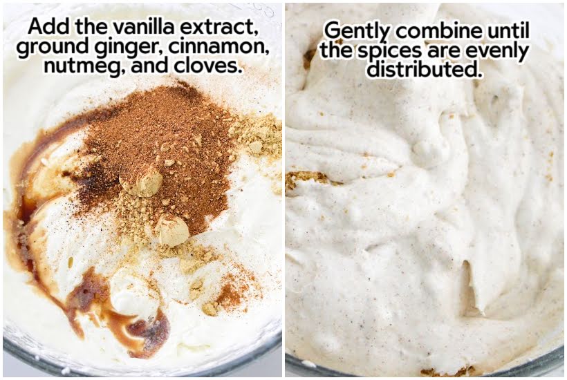 Two photo collage of adding the spices and vanilla to the ice cream base and mixing the ingredients with text overlay.