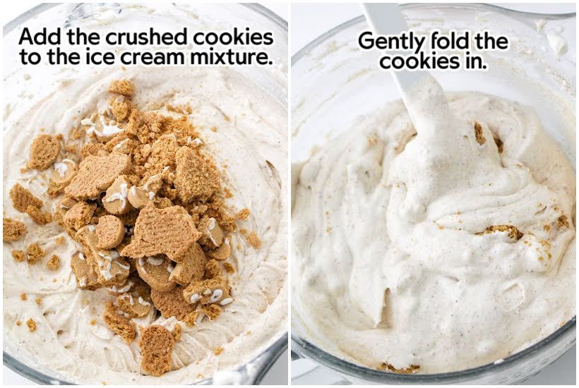 Two photo collage of adding crushed gingerbread cookies and folding them into the ice cream base with text overlay.