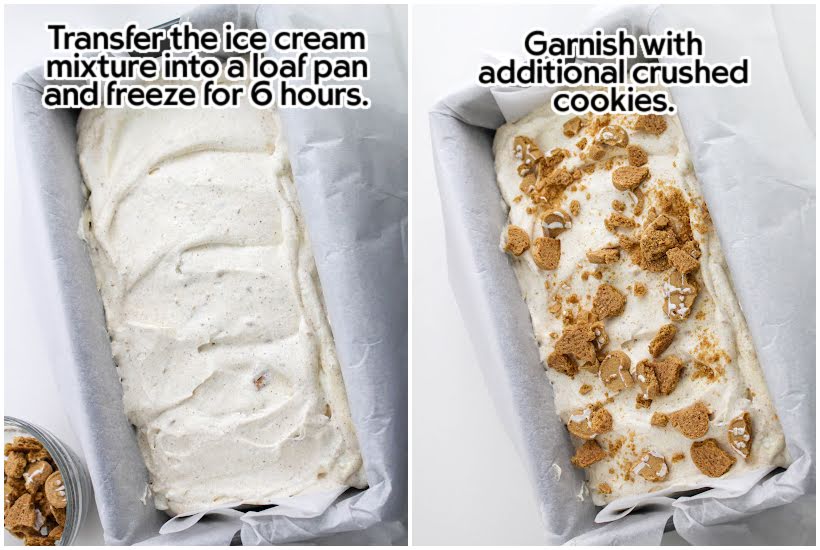 Two photo collage of the ice cream in a paper-lined loaf pan and adding crushed cookies for garnish with text overlay.